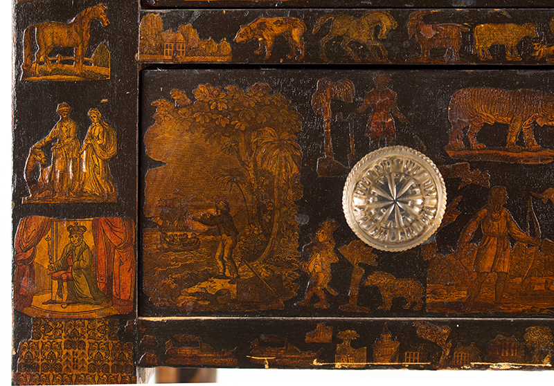 19th Century Decoupage Decorated Dressing Table, Hundreds of Applied Cutouts
Cherry, basswood and poplar, finely joined, detail view 2